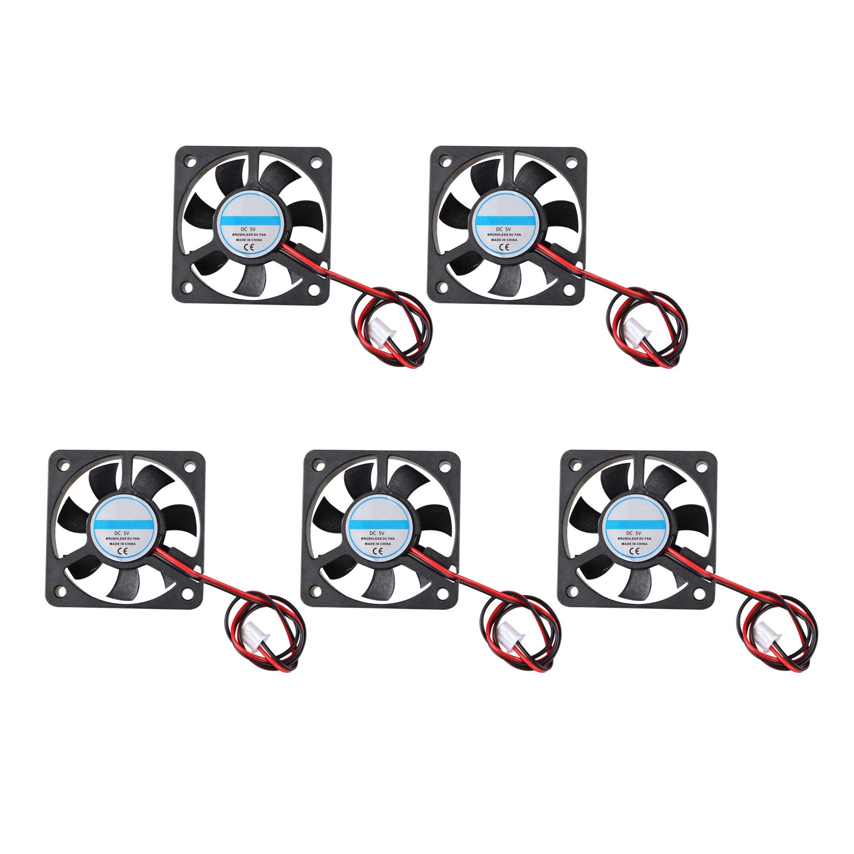 Jopto 5Pcs 3D Printer Fan 5V DC Brushless Quiet Cooling Fan 2 Pin 5010 50 x 50 x 10mm with 27cm Cable Compatible with 3D Printer Extruder Hotend Makerbot MK7 MK8 CPU Chip Arduino