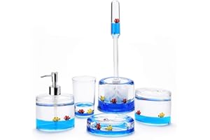 Locco Decor 5 Piece Acrylic Liquid 3D Floating Motion Bathroom Vanity Accessory Set Ocean Cartoon Animal Theme Nimo Fish Toothbrush Holder, Tumbler, Soap Dispenser, Soap Dish, Toiletbrush Holder Set