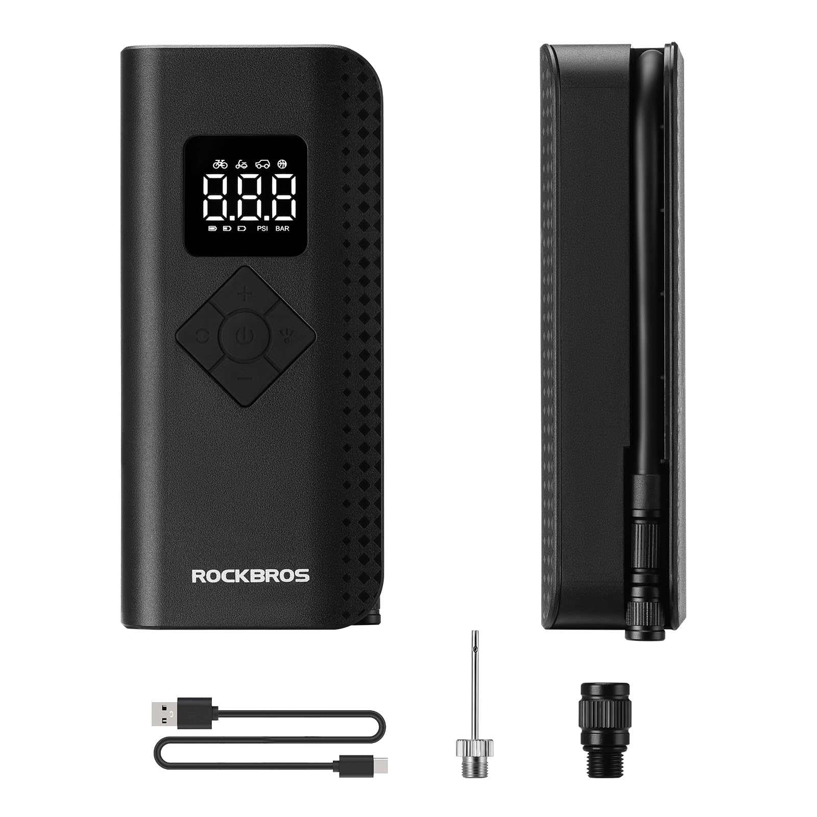 ROCKBROS Air Pump Electric Bicycle Pump Mini Compressor 7-150PSI 2000mAh 5 Modes Portable Compatible Tire Pump with Digital Display LED Light Presta & Schrader for Motorcycles, Bikes, Balls
