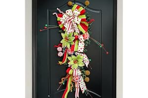 Christmas Wreaths for Front Door, Soomeir 24 Inch Pre-Lit Lighted Led Winter Wreath with Ball and Poinsettias, Holiday Outside Indoors Ribbon Home Ornaments Artificial Wall Decor (Green and Red)