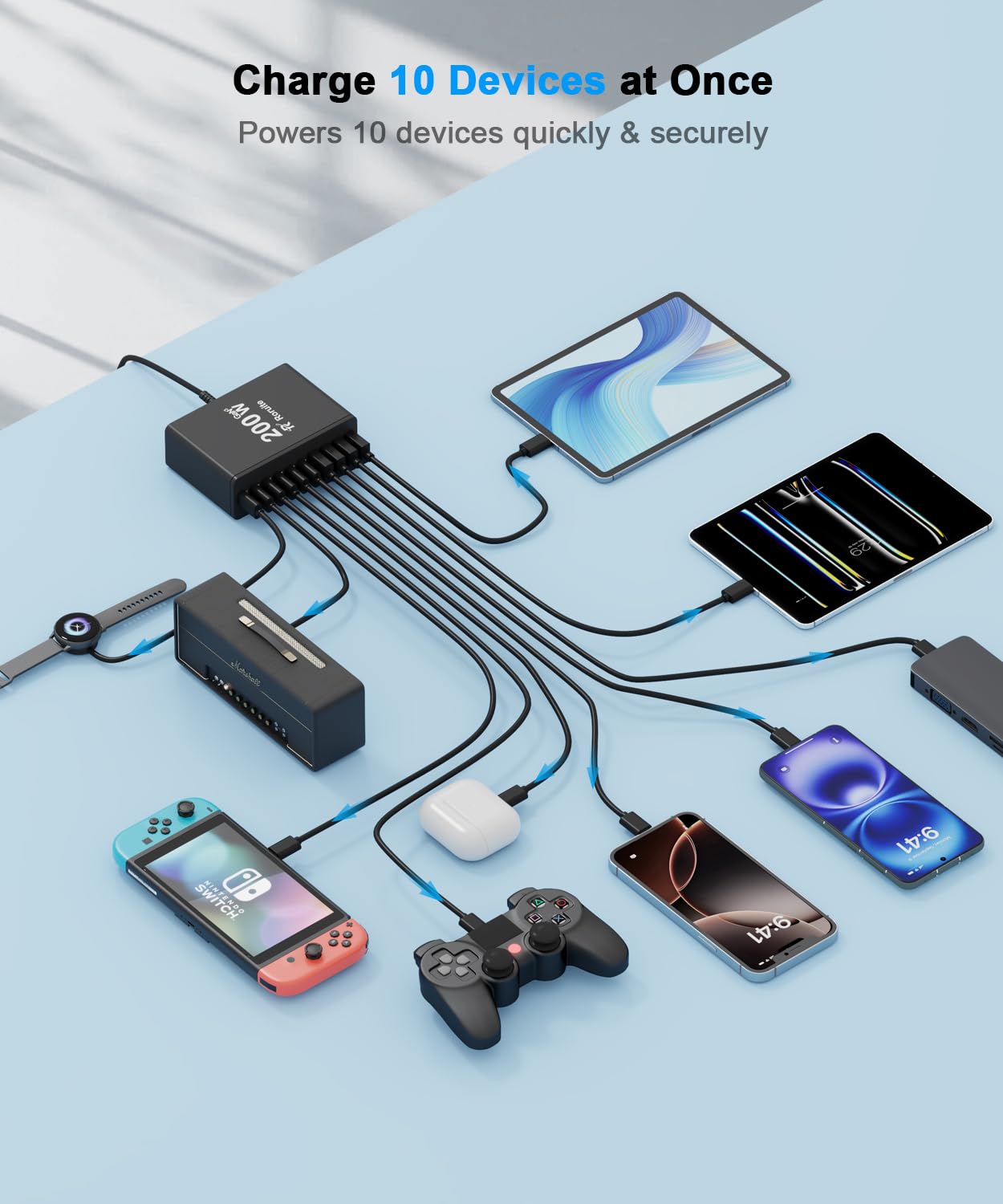 USB C Charging Station 10 Port with 4 USB Cables, 200W GaN Type C Charger Block, Wall Charger Power Strip Adapter Plug for iPad iPhone17 16 15 14 13 12 Pro Max Pixel Note Galaxy