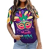 Mardi Gras Stripe Shirt Women Funny Mask Jester Hat Graphic T-Shirt Tuesday Carnival Tee Party Vacation Short Sleeve Top