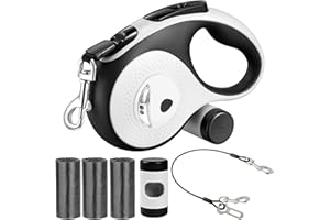 VTOPVMAX 26Ft Retractable Dog Leash - for Dog Up to 110lbs, Tangle Free Walking Leash with Chew Proof Cable | LED Light | Dispenser | Poop Bags, Quick Lock Braking & Non-Slip Handle (White)
