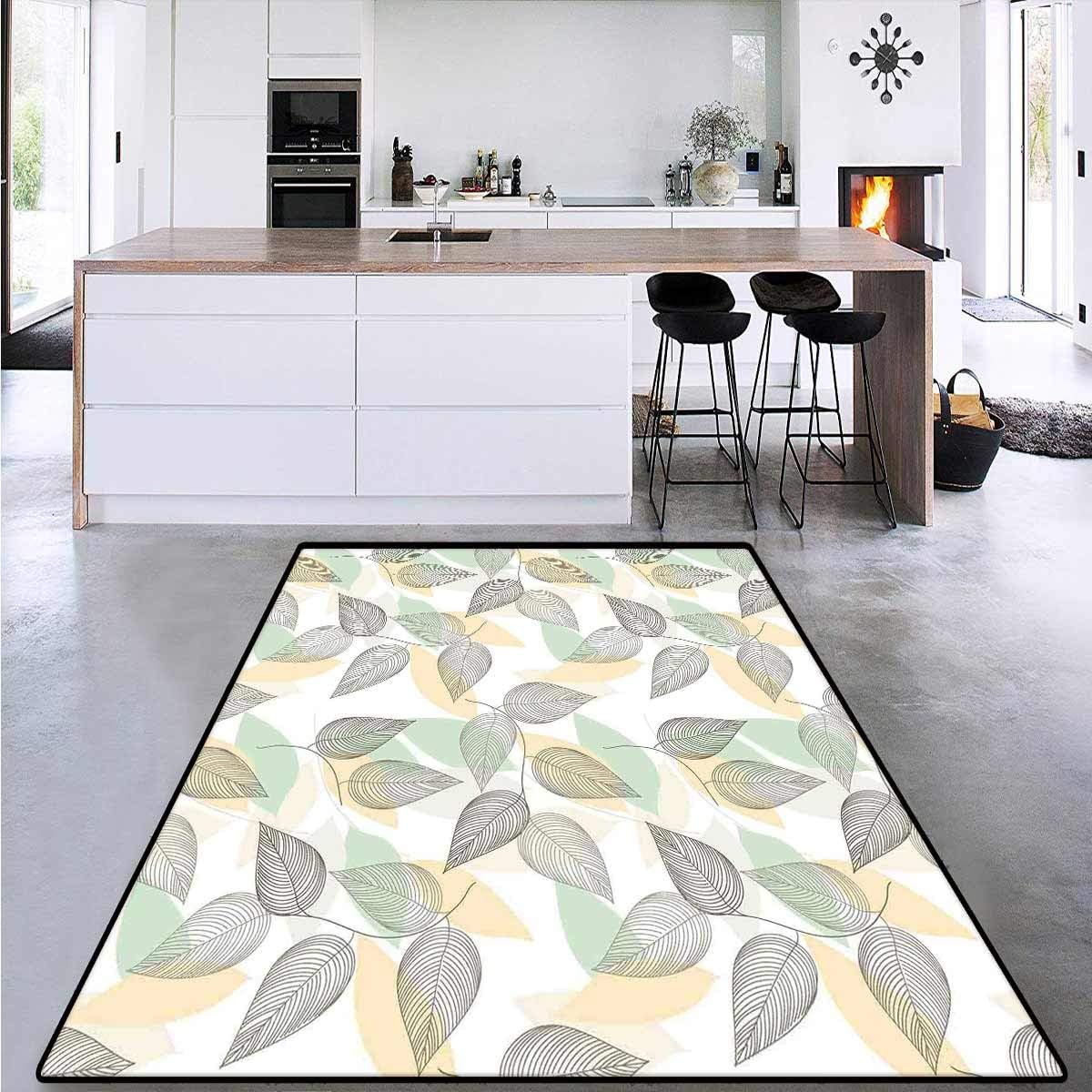 Leaves, Bath Mats Carpet, Tree Branches with Leaves Stripes Lines Creative Stylized Illustrations, Area Rug Bedroom 5' x 7' Brown Green Yellow