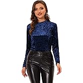 Allegra K Casual Velvet Top for Women's Soft Vintage Crew Neck Long Sleeve Christmas T-Shirt