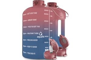 AQUAFIT 1 Gallon Water Bottle With Time Marker - 128 oz Water Bottle With Straw - Gym Water Bottle With Strap, Big Water Bottle with Handle, Reusable Water Bottles With Straw (2 Lids, Rose Sky)