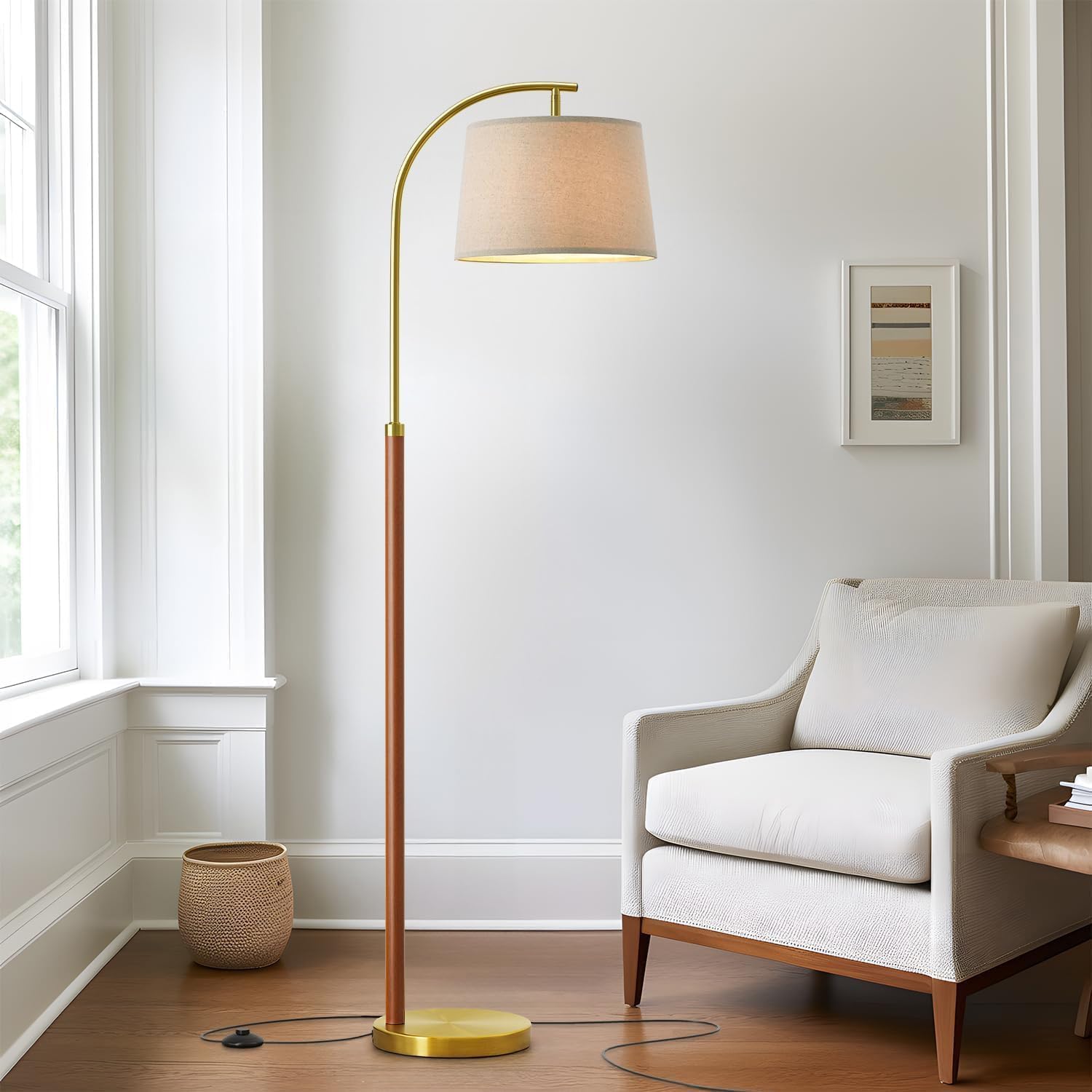 Photo 1 of *** SHADE HAS MAJOR DAMAGE***G-SAFAVA 62.5" Wood Floor Lamp for Living Room Gold with Foot Switch Arc Standing Tall Lamps for Bedroom Mid Century Modern Corner Floor Lamps for Office Nursery Industrial Reading Light Room Lamp
