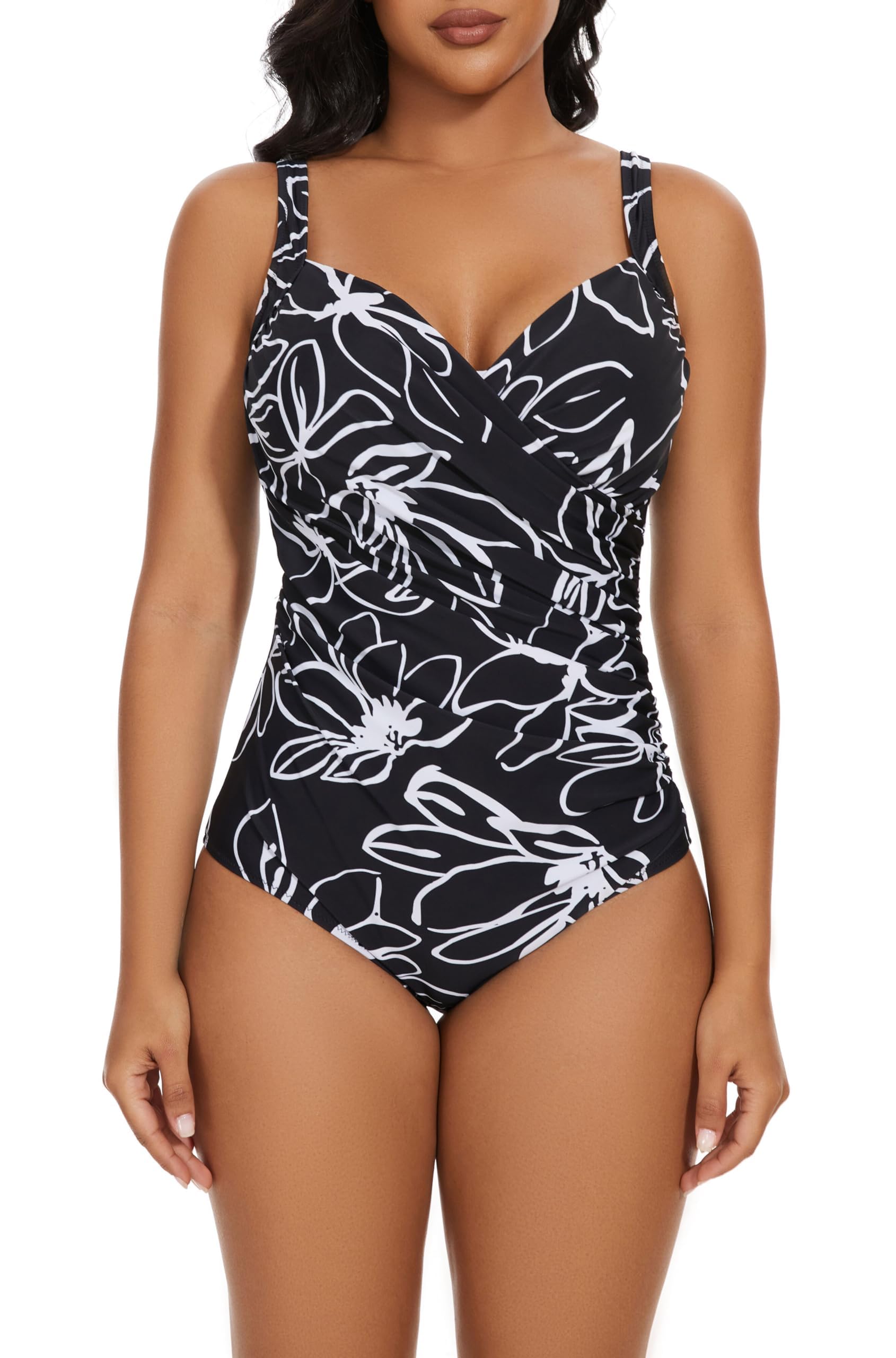 Photo 1 of Aqua Regina Plus Size Swimsuit for Women One Piece Bathing Suit Ruched Tummy Control Adjustable Swimwear(White Floral,XL)