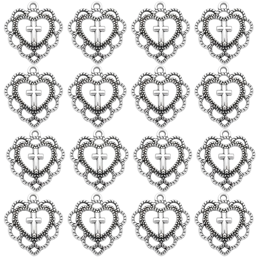 SUNNYCLUE 1 Box 100Pcs Cross Charms Bulk Mini Cross Beads Tibetan Style Antique Silver Heart Love Charm Vintage Flower Shaped Hollow Crucifix for jewellery Making DIY Craft Supplies — image 1