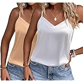Ekouaer Women's 2 Pack Lace Silk Satin Pajama Tank Tops V Neck Camisole Soft Spaghetti Strap Tops Loose Sleepwear