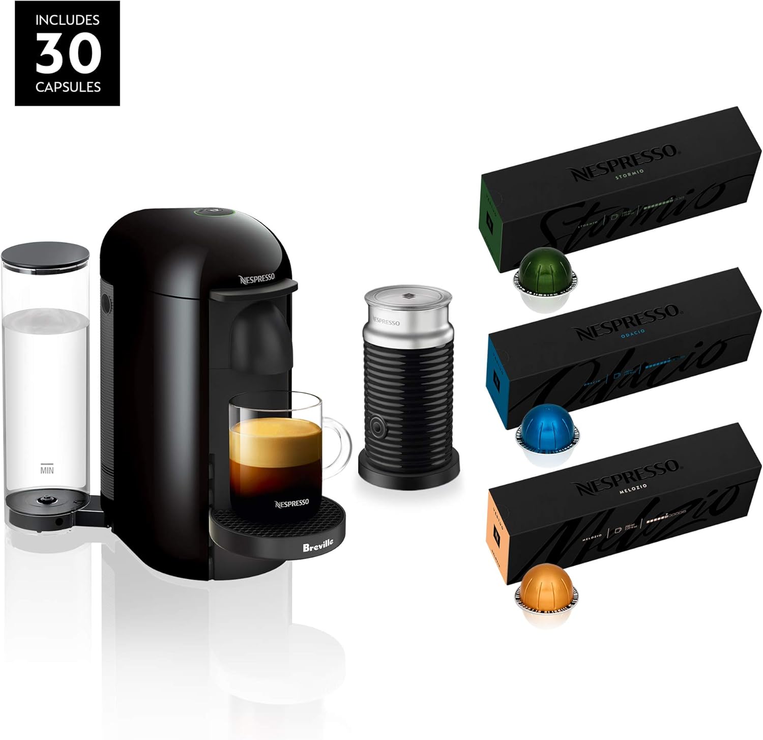 Nespresso VertuoPlus Coffee and Espresso Maker by Breville with Aeroccino, Ink Black AND BEST SELLING COFFEES INCLUDED