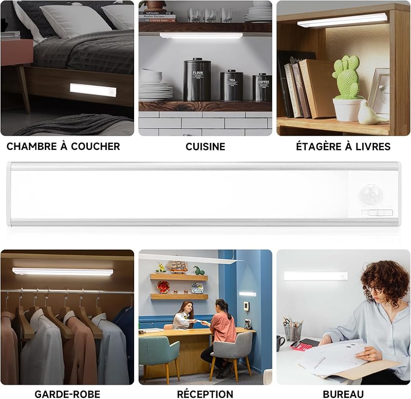Reglette Led Sous Meuble Cuisine 24cm, 6500k Lumière avec Detecteur De Mouvement Interieur, 1500mAh Lampe Rechargeable USB, Adaptée pour Placard Veilleuse Escalier Couloir (2 Pack)