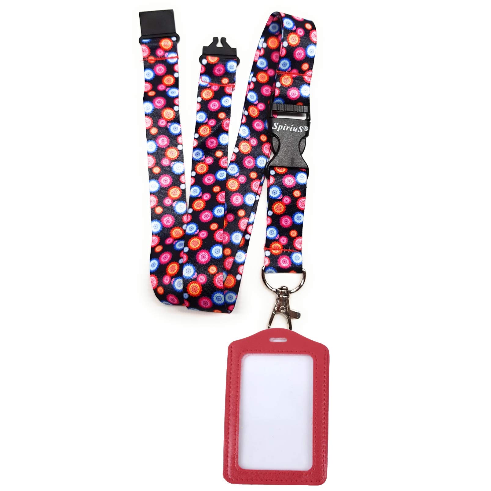 Spirius Original Flowers Lanyard Neck Strap & Red Leather Badge Holder (Multicolour Flowers)
