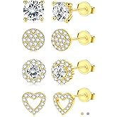 SAILIMUE Hypoallergenic Sterling Silver Stud Earrings for Women Men Brilliant Heart Knot Round Cubic Zirconia Earring Studs for Sensitive Ears Gold Silver Tone