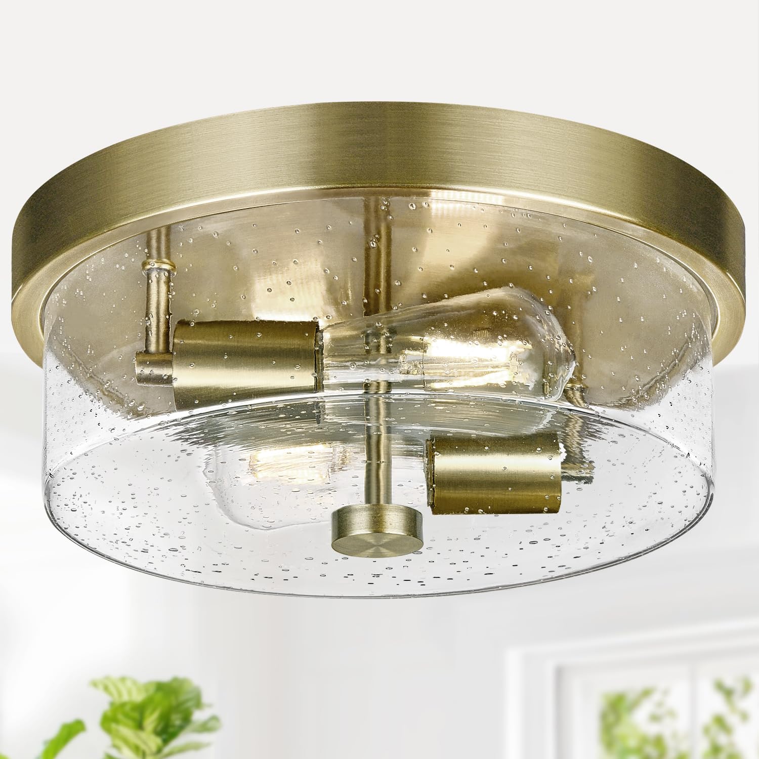 Photo 1 of Flush Mount Ceiling Light Fixtures, 2-Light Brass Ceiling Mount for Farmhouse with Seeded Glass Lampshade, Industrial Hall Flush Mount Light Fixture for Hallway, Kitchen, Entryway, Bedroom and Foyer