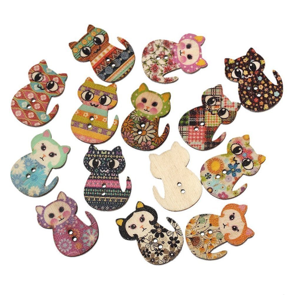 NAMVO 100pcs Mixed Random 2 Holes Cat Shape Wood Wooden Buttons for Sewing Crafting