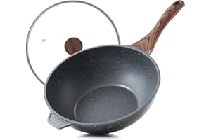 SENSARTE Nonstick Wok Pan with Lid 11-inch, Healthy Stir-fry Pan Induction Cookware with Swiss Granite Coating, Deep Frying P