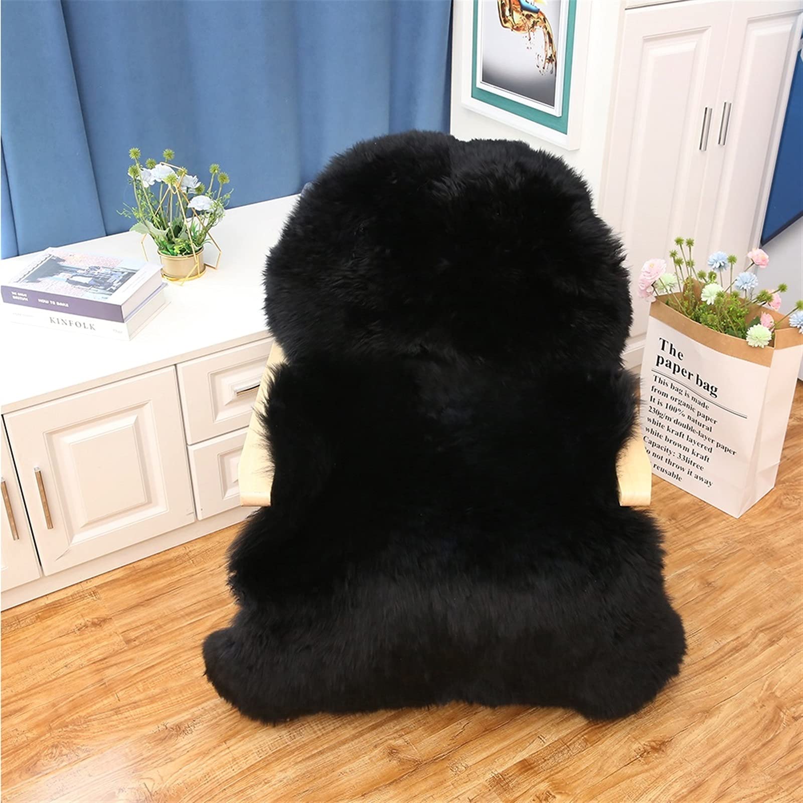 Altlue Real Genuine Sheepskin Rug Natural Sheep skin Throw Real Full Sheepskin Rugs Fluffy Fur Rug Authentic Sheep skin Seat Covers For Chairs Lambskin Seat Pads Cushion Black (70X100cm) — image 1