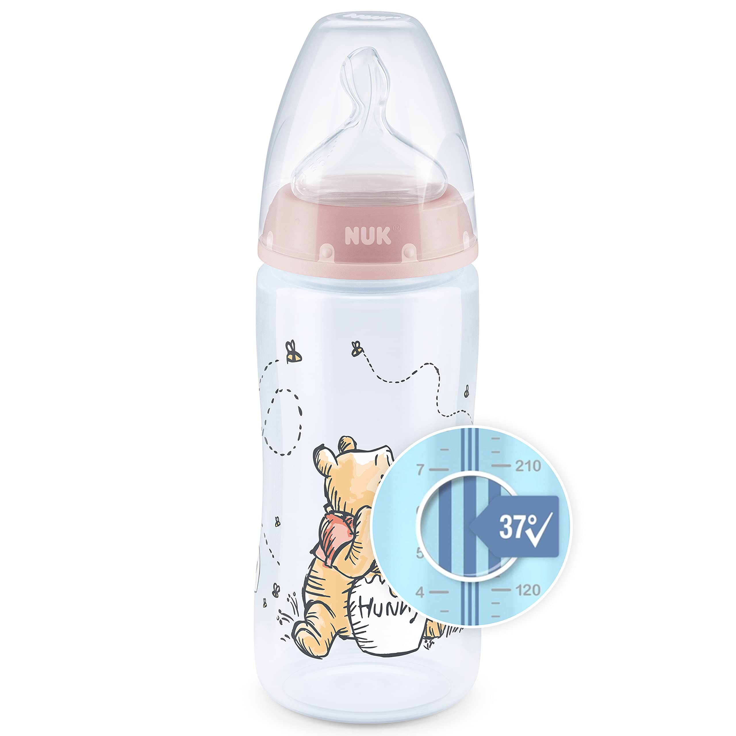 NUK First Choice+ Baby Bottle Disney Winnie 0-6 Months Temperature Control Display 300 ml Anti-Colic Valve BPA Silicone Teat Pink