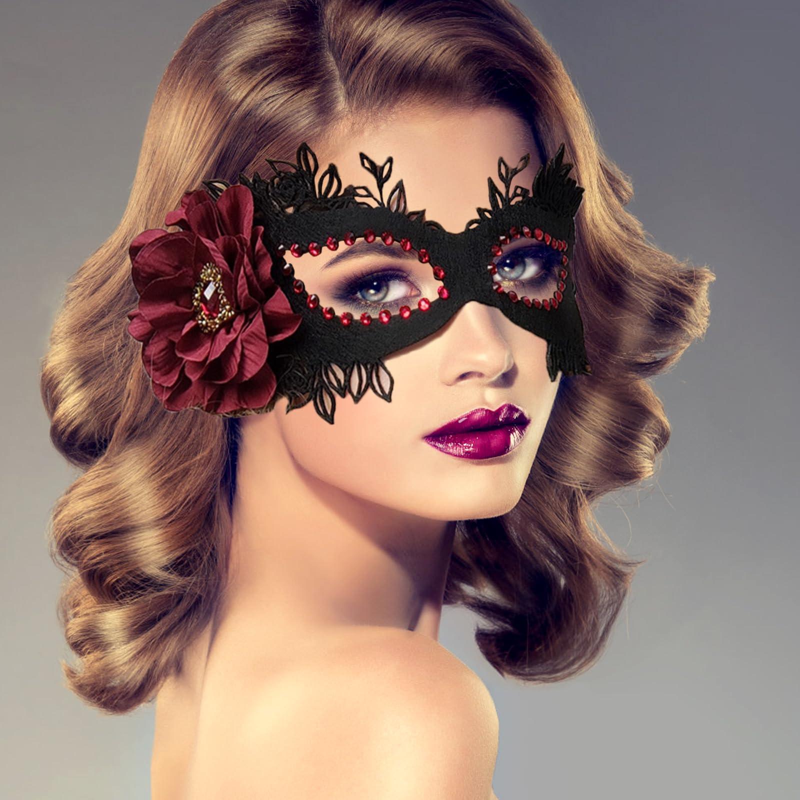 Cosysparks Vintage Masquerade Mask for Women, Felt Masquerade Mask Costume Black Halloween Mask with Red Flower 1920s Mardi Gras Party Mask Ball Mask for Cosplay