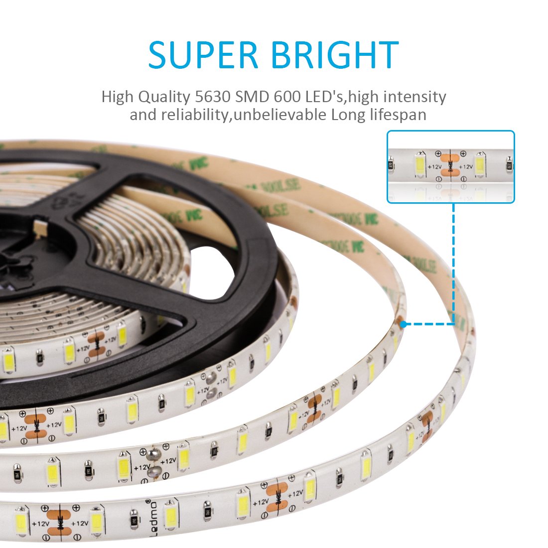 LEDMO LED Strip Lights,Super Bright 600 LEDs SMD2835 6000K Daylight White Waterproof 16.4Ft LED Tape for Home/Kitchen/Car/Bar