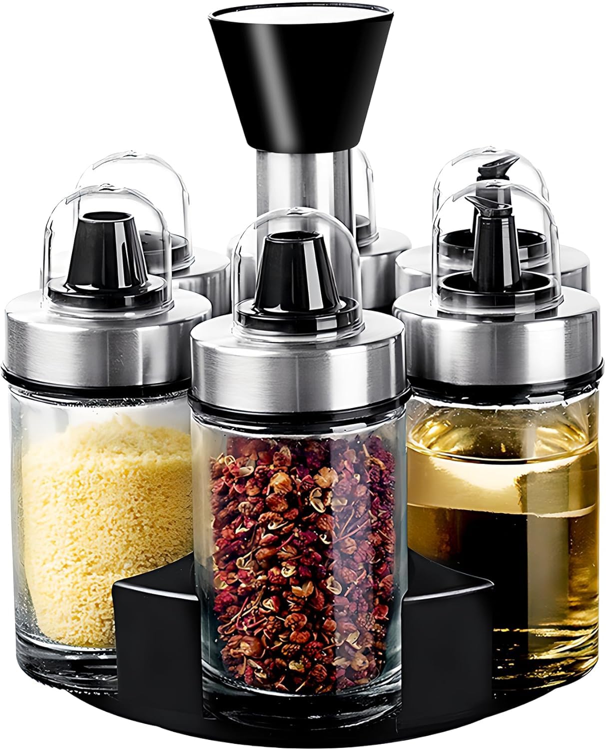 Photo 1 of Mlici Oil and Vinegar Dispenser Set of 6 Bottles, Stainless Steel Salt Pepper Holder with 360° Rotating Holder, Cruet Soy Sauce - Premium Glass Condiment for Kitchen, Tabletop, Kitchen Containers