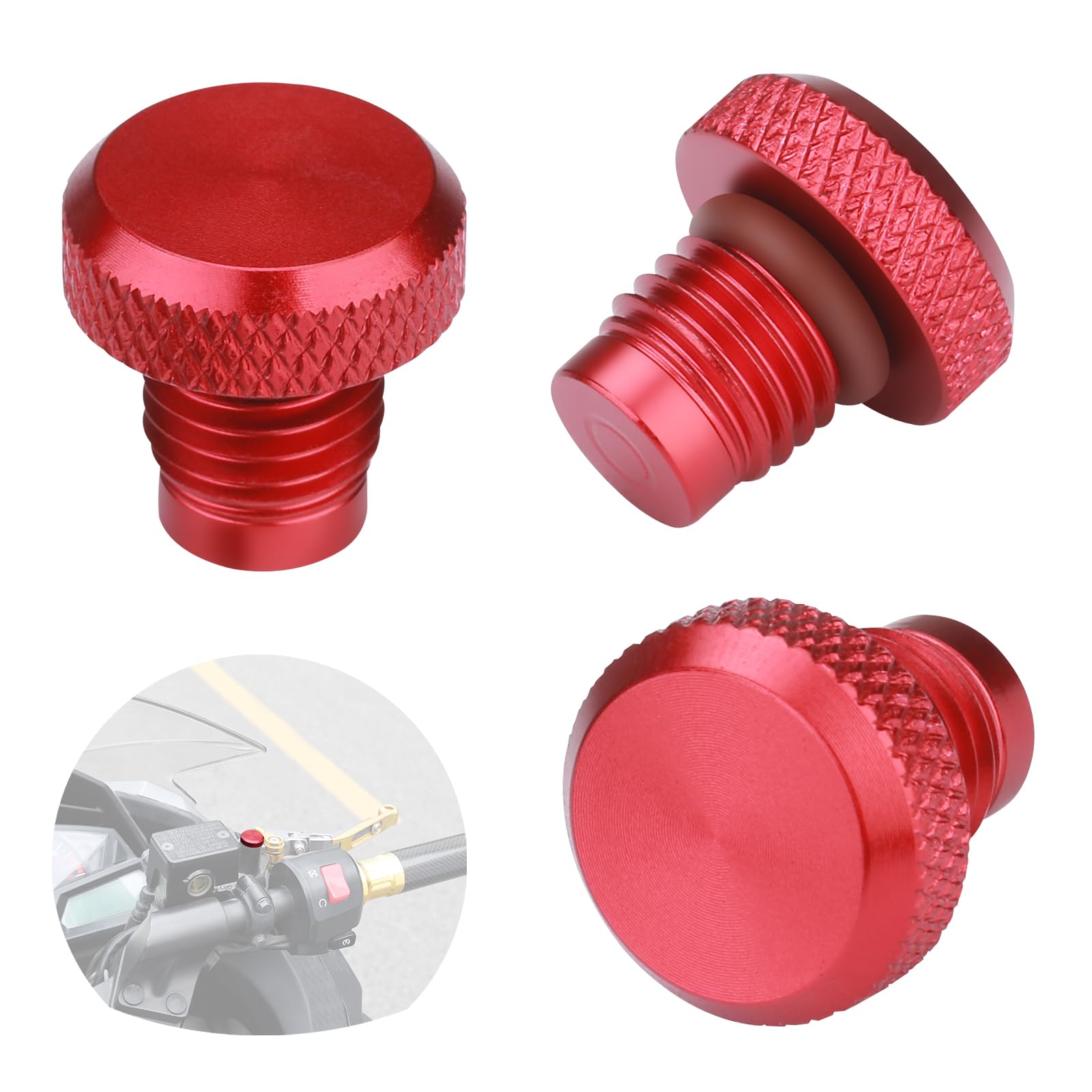 Photo 1 of Universal Aluminum Motorcycle Rear View Mirror Hole Plugs (3 Pcs) - M10x1.25, Fits Most Motorcycles - Compatible with Honda, Yamaha, Kawasaki, Suzuki, Ducati Etc (Red)