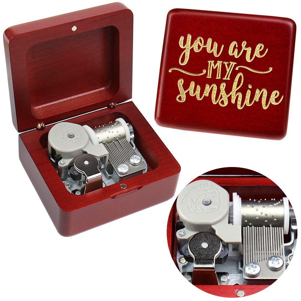 Sinzyo You are My Sunshine Music Box Solid Wood Laser Carving Vintage Gift Musical Boxs for Birthday Valentine's Day Christmas(Wine Red Wooden Box)