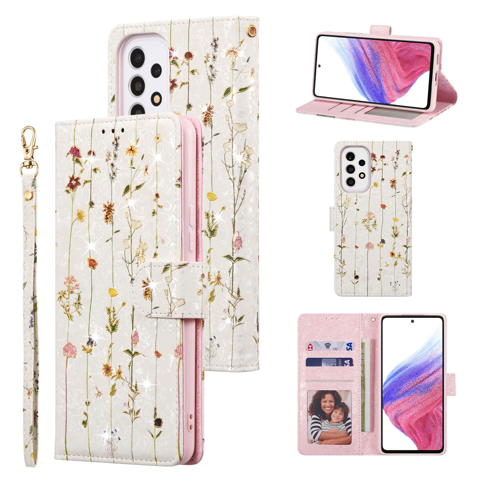 Photo 1 of UEEBAI Wallet Case for Samsung Galaxy A53 5G, PU Leather Phone Case Kickstand RFID Blocking Flip Case Card Slots Wrist Strap Relief Engraved Pattern Magnetic Closure Flower Folio Case, Vine