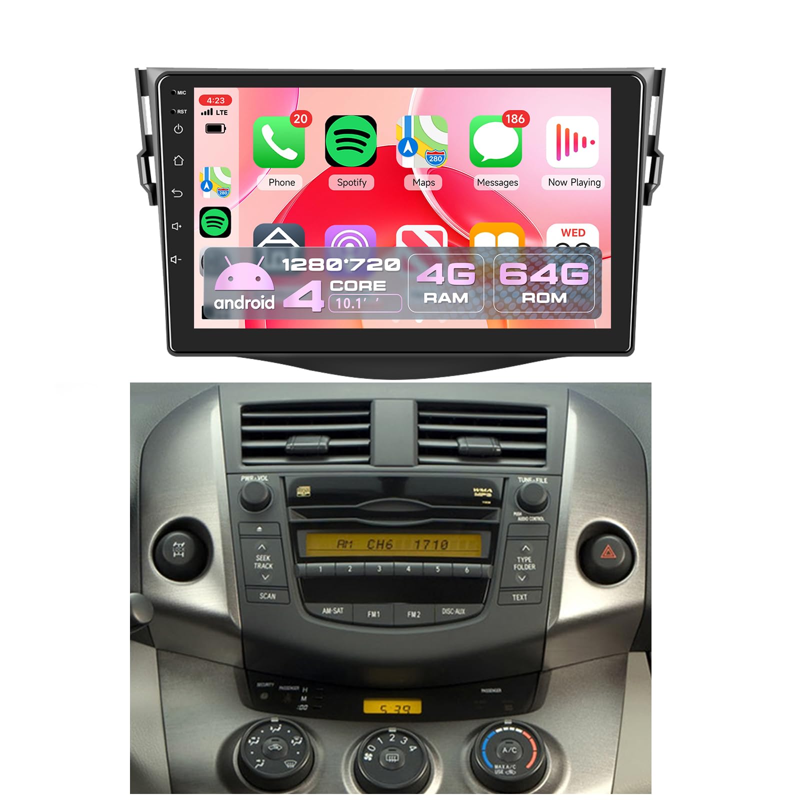 Photo 1 of 4G+64G Car Radio for Toyota RAV4 2007-2011 NO JBL, Rimoody Android 13 Car Stereo Wireless Carplay Andorid auto Bluetooth 5.0 GPS 5G-WiFi 9'' Touchscreen FM/RDS EQ-32 SWC Backup Camera