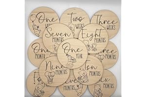 DAYIMG 16 Pcs Classic Winnie Baby Monthly Milestone Marker Discs Baby Announcement Sign Newborn Sign Cute Photo Props 1 Week-12 Months Wooden Discs Pooh Baby Shower Nursery Gift