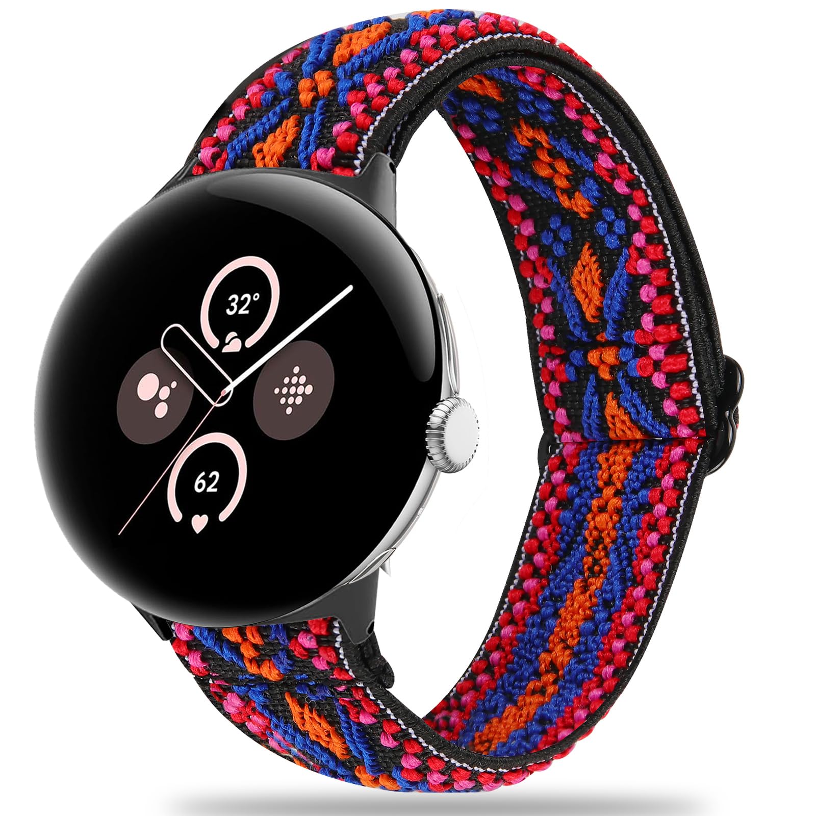 Miimall Fabric Strap for Google Pixel Watch 3 41mm/2/1 Band, Flexible Nylon Woven Band for Men Women, Breathable Adjustable Elastic Replacement Band for Google Pixel Watch 2-Boho Red Blue