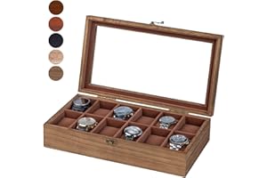 Exper City Watch Box, Watch Case for Men Women with Large Glass Lid, Wooden Watch Display Storage Box with 12 - Slots, Retro Burlywood Mens Watch Box Organizer