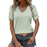 EVALESS Womens Short Sleeve Tops Summer Casual V Neck T Shirts Blouses Solid Textured Knit Tee Tunic