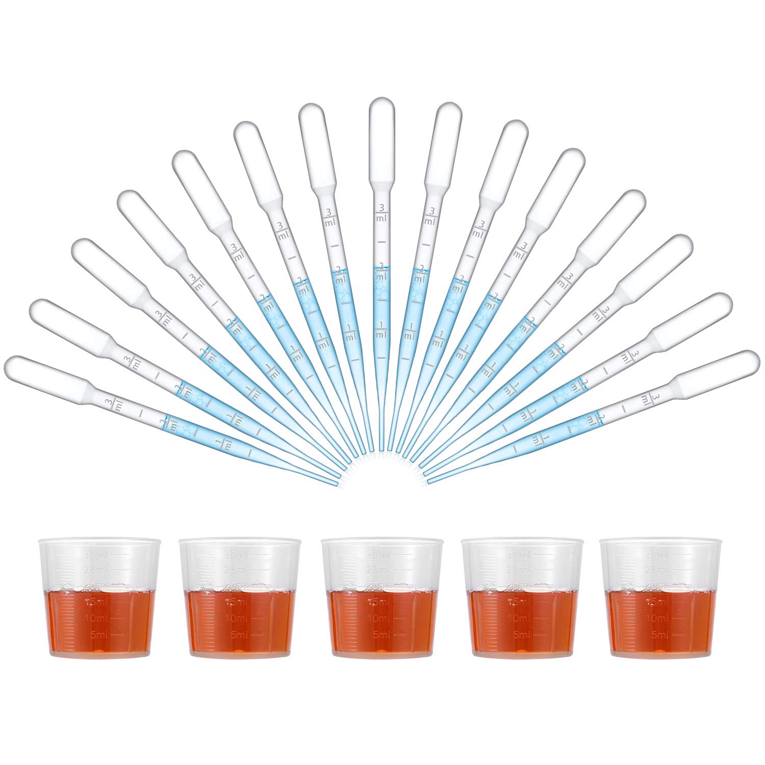 100PCS 3ML Disposable Dropping Pipette (5PCS Measuring Cups Included), Plastic Pipettes Dropper for Scientific Labs Experiment, Dispensing, Measuring, Watering, 3ml Graduation, 0.5ml Interval, Clear
