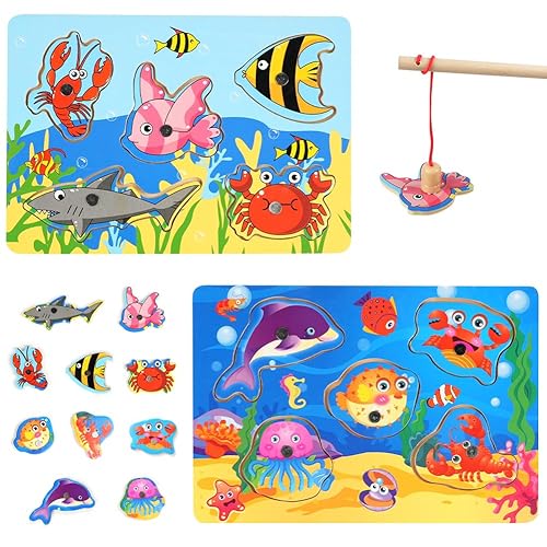 Vicloon Wooden Fish Game, 10pcs Magnetic Fishing Game, 2 Set Mini Magnetic Fishing Puzzles with Fish Rod Montessori Toys Sea Creatures Kids Fishing Game Educational Toys for 3 years old Toy