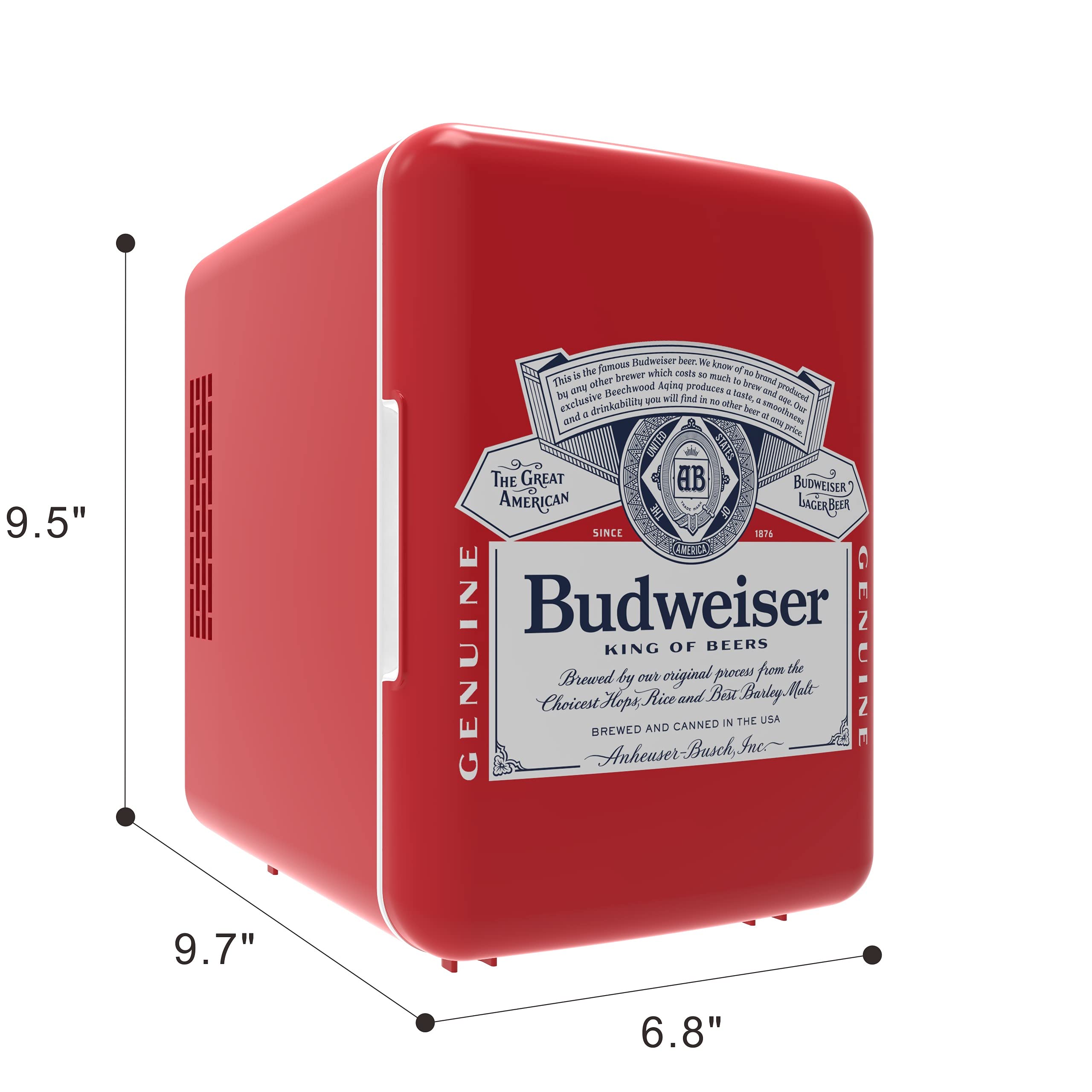 CURTIS Budweiser MIS135BUD, Mini Portable Compact Personal Fridge Cooler, 4 Liter Capacity Chills Six 12 oz Cans, 100% Freon-Free & Eco Friendly, RED