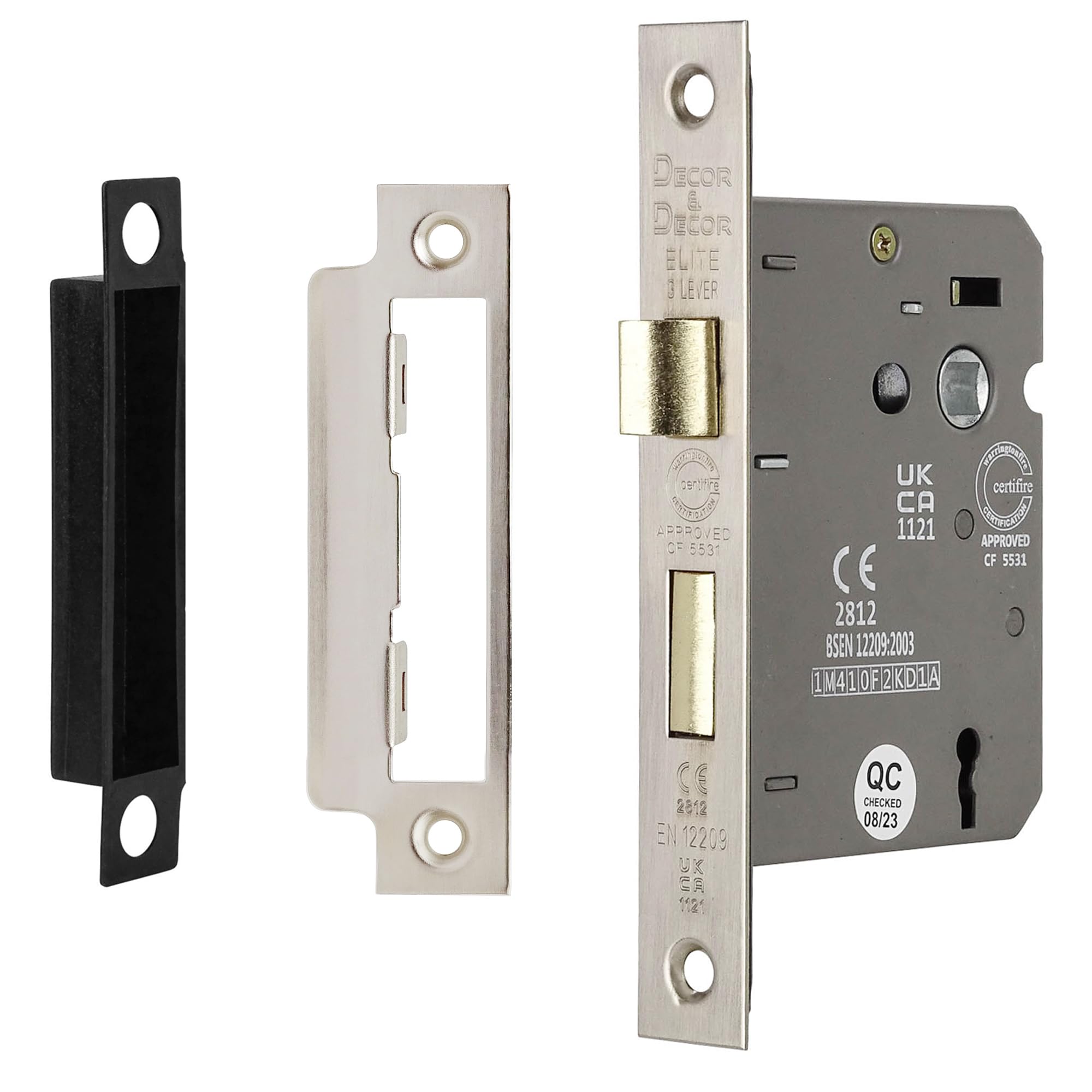 Decoranddecor Sash Mortice Door Lock with Keys - 2.5inc /64mm - Satin Nickel - Fire Rated - UKCA & CE Approved