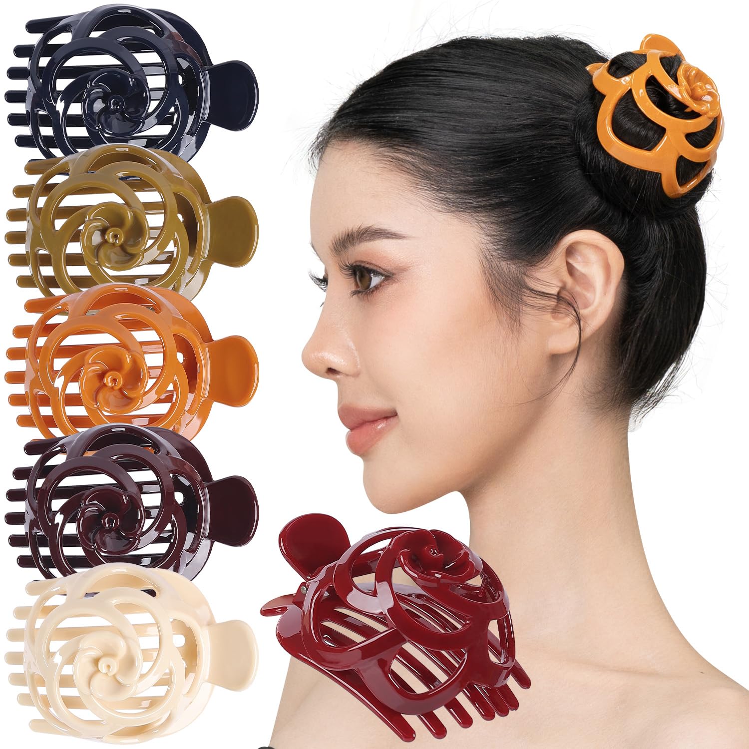 RC ROCHE 6 Pcs Hair Bun Maker Clip for Women Updo Holder Ballet French Claws Bird Nest Pieces Tools Accessories Plastic Shell Round Dome, Medium Classic Multicolor