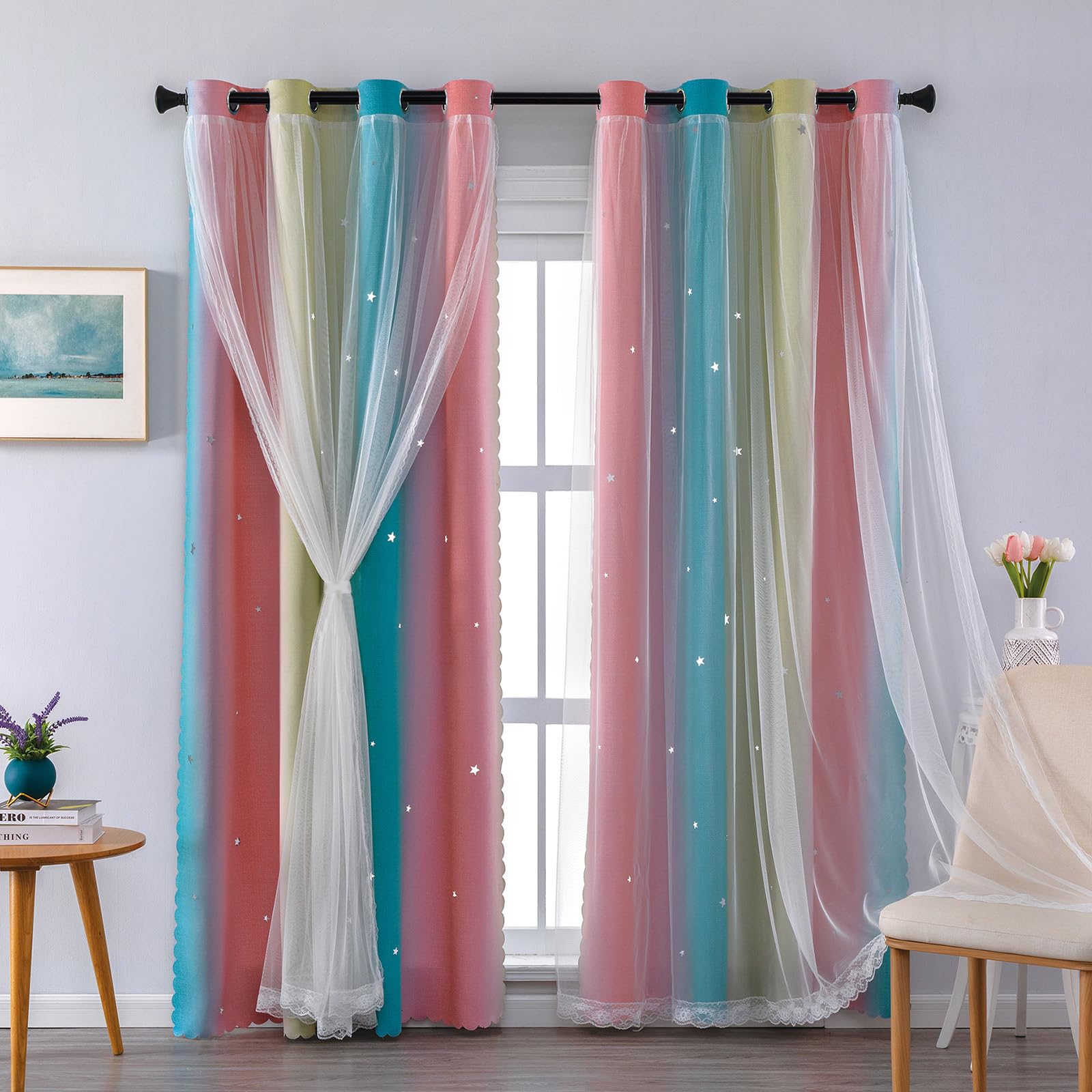 XiDi Blackout Thermal Curtains with Eyelet for Living Room Rainbow Wall Decor Yellow Curtains Double Layer with Net 34x72 Inch