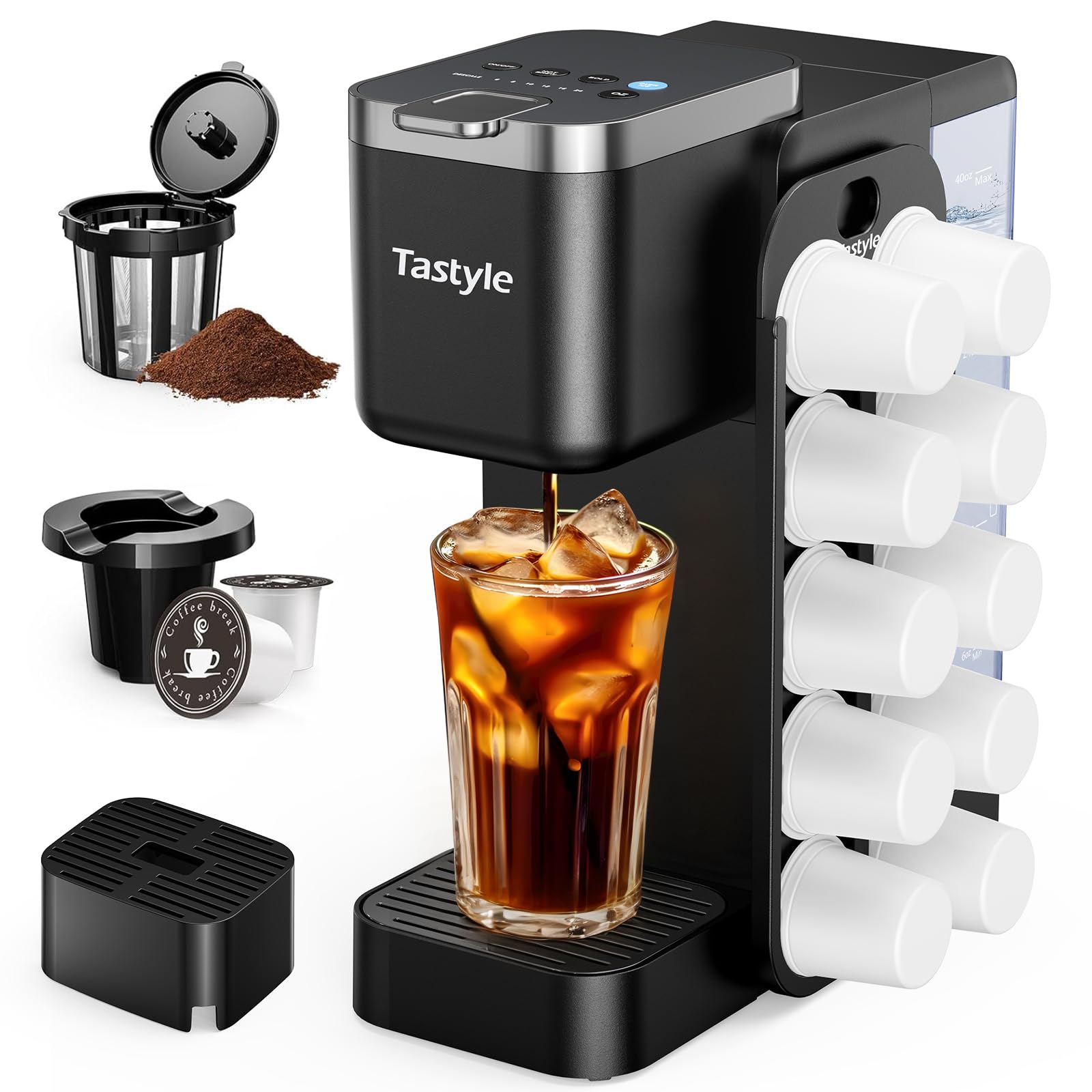 Photo 1 of Tastyle Hot & Iced Coffee Maker with Magnetic K-Pod Organizer (Pods Not Included), Stores 10 Pods, 4-5 Cups Coffee Maker & Single-serve Brewer for K Cup & Grounds, 40oz Removable Water Tank, Black