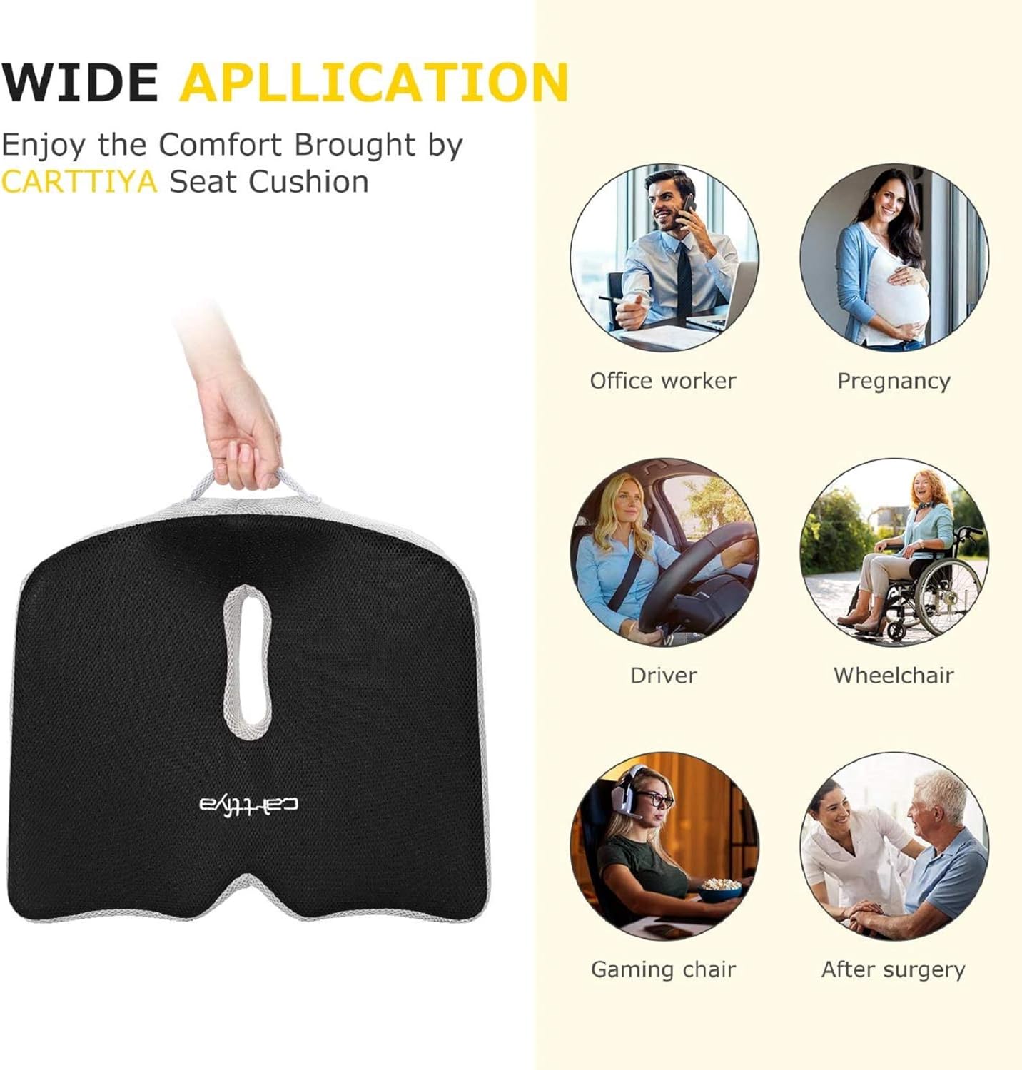 Carttiya Large Seat Cushion for Pressure Relief Donut Pillow for Office Chair, Car, Wheelchair- Orthopedic Memory Foam Coccyx Seat Cushion for Back, Sciatica & Tailbone Pain Relief, Black: Home & Kitchen