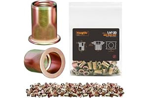 HANGLIFE Rivet Nut, 1/4"-20 UNC SAE Rivnut - Flat Head Nutserts, Zinc-Plated Carbon Steel Knurled Body Threaded Insert Nuts, 