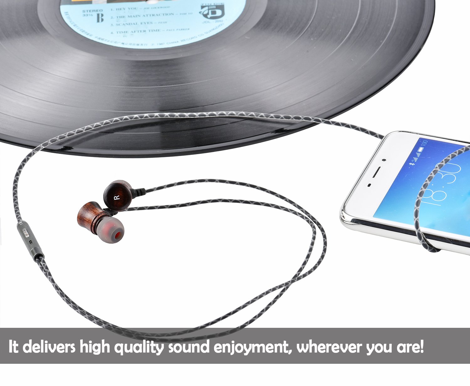 VirKech Premium Wood Headphones Noise-isolating In-ear HiFi Stereo Music Earbuds Headsets with HD Microphone