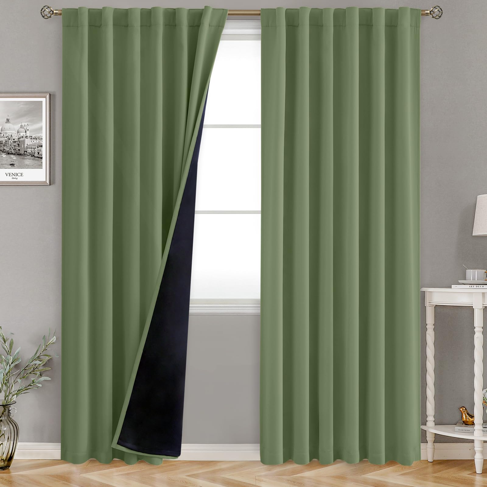 BGment 78 Inch Curtains for Living Room, 100% Blackout Curtains for Bedroom with Liner, Thermal Insulated Double Layer Rod Pocket and Back Tab Drapes, 2 Window Panels, Each 52 x 78 Inch, Grass Green Image