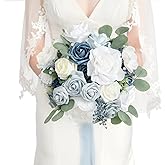Ling's moment Dusty Blue Bridal Bouquet for Bride, Blue Wedding Bouquets for Bride, 13 Inch Silk Round Artificial Wedding Flowers Bouquets