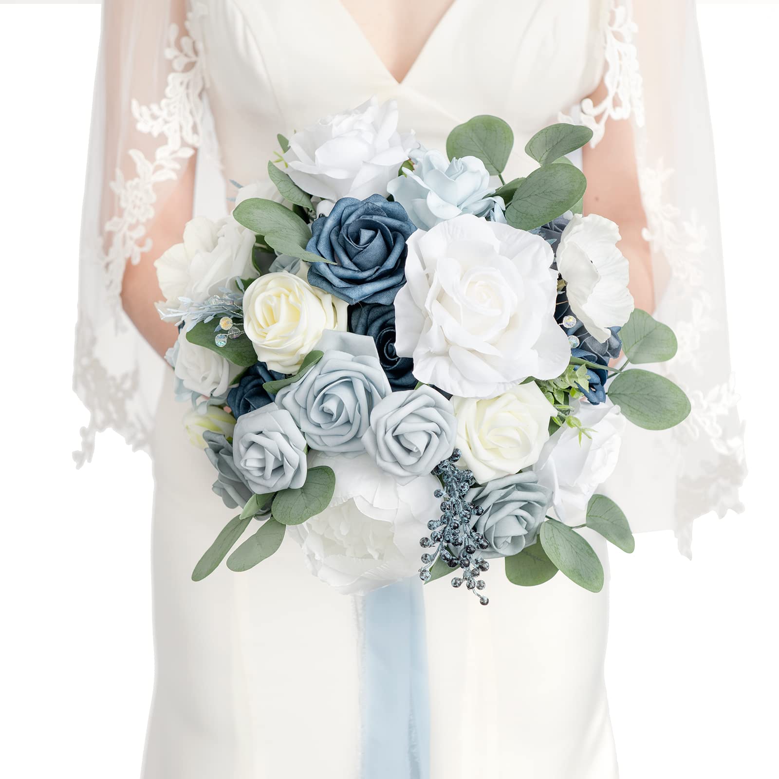 Photo 1 of Ling's moment Dusty Blue Bridal Bouquet for Bride, Blue Wedding Bouquets for Bride, 13 Inch Silk Round Artificial Wedding Flowers Bouquets