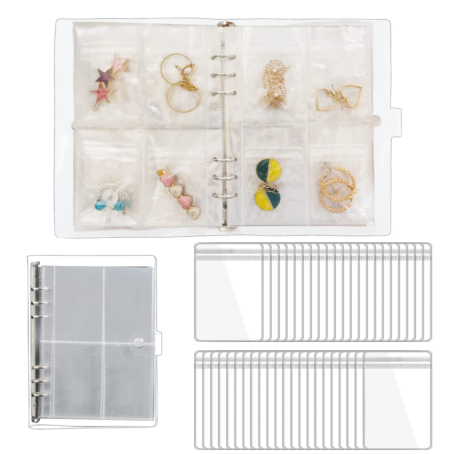 Photo 1 of LingLingo Earring Organizer Travel Jewelry Case Container Transparent Jewelry Storage Book Bag for Ring, Necklace, Bracelets, Stud (96 Grids + 96 Small Thicken PVC Zipper Bags)