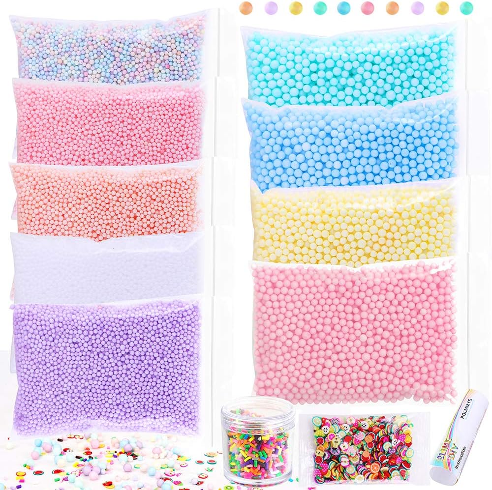 POLMMYS Foam Beads for Slime and Soft Clay, Including Chocolate Pieces, Fruit Slices for DIY Slime Making, Homemade Art Craft, Girl Slime Party (11 Pack)