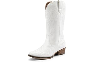 DREAM PAIRS Women's Cowboy Boots Mid Calf Cowgirl Boots Square Toe Chunky Heel Embroidery Stitched Western Boots
